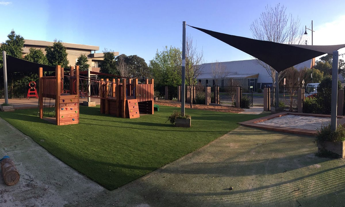 Outdoor playground with a fort at Mernda Early Learning Centre